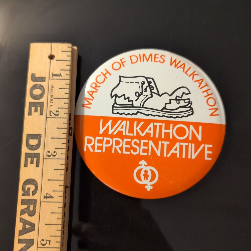 Vintage March of Dimes Walkathon Representative Pinback Button Orange White Boot - Picture 2 of 3